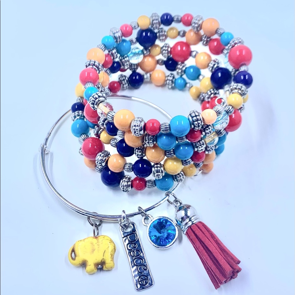 Muti Color Beaded Wrap Bangle Set
